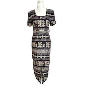 Vintage 90s Nina Piccalino navy blue and cream boho maxi dress